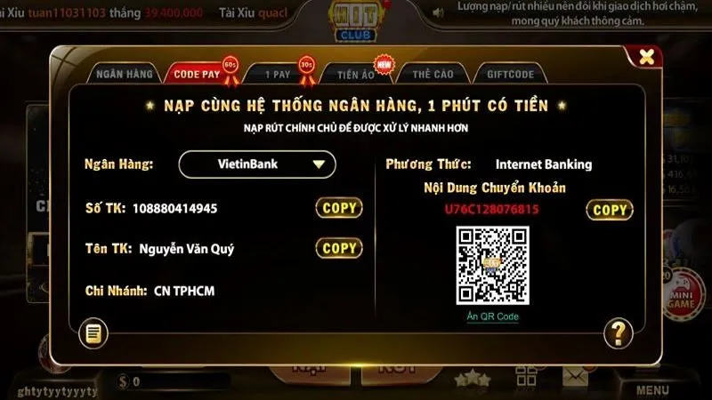 Đa dạng các phương thức nạp tiền tại Kho báu tứ linh HITCLUB 