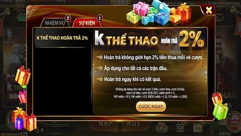 Người chơi Thể thao Hitclub được hoàn tiền khi thua  